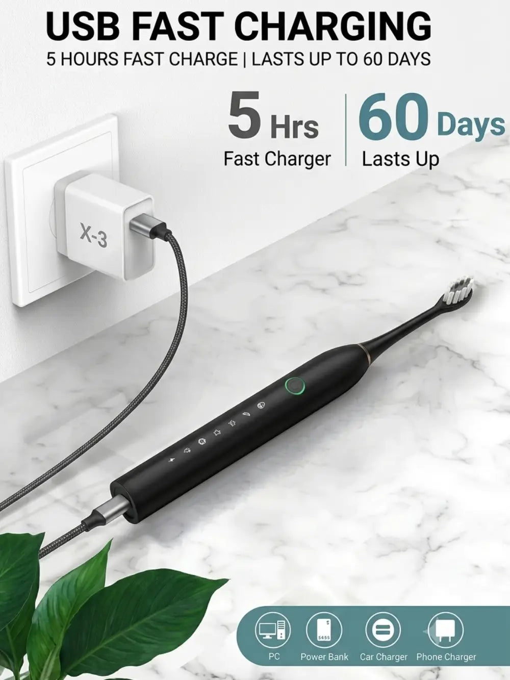 X-3 Electric Toothbrush – 6 Brushing Modes | USB Fast Charging | 4 Replacement Heads