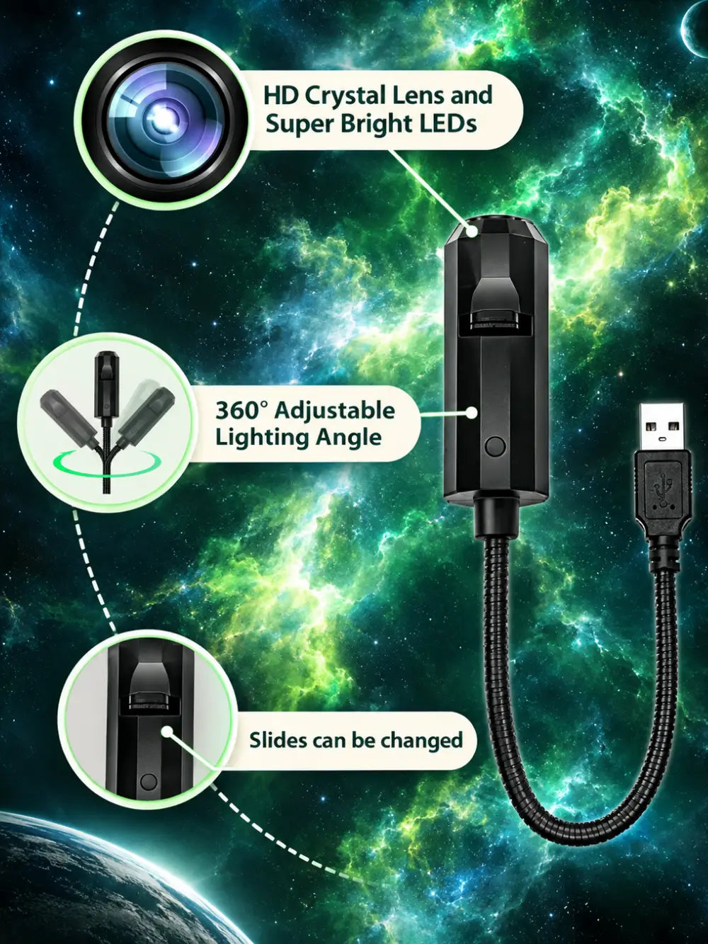 6-in-1 Galaxy Planet Projector Night Light – 360° USB Star Lamp