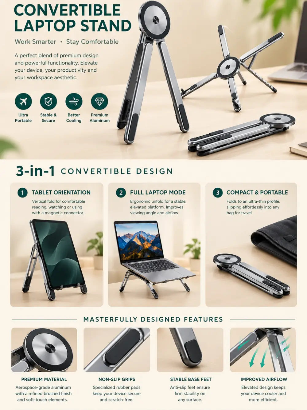 3-in-1 Convertible Laptop Stand | Foldable & Portable Aluminum Stand