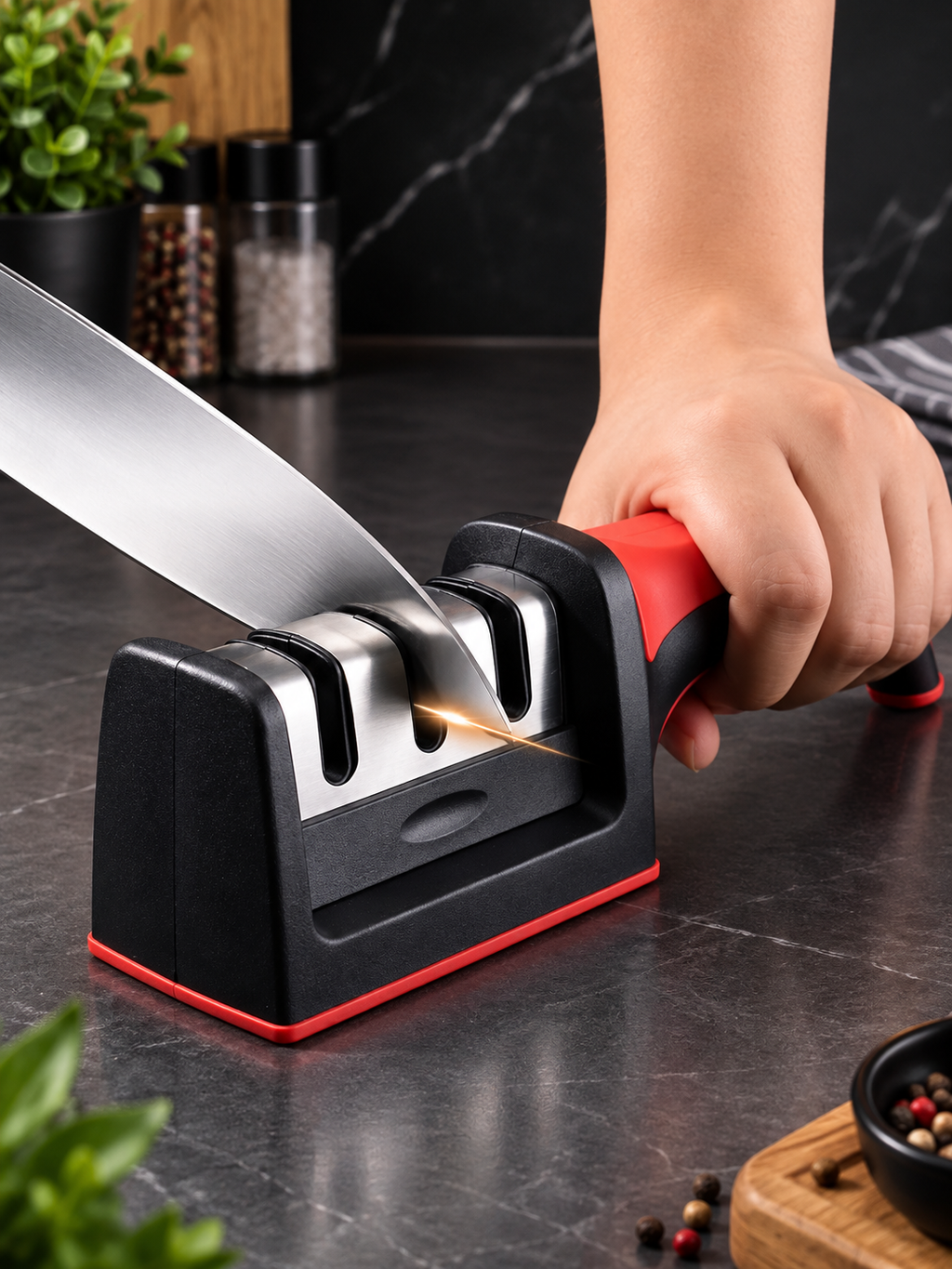 Professional Knife Sharpener – 3 Stage Sharpening | Non-Slip Base | Easy Grip