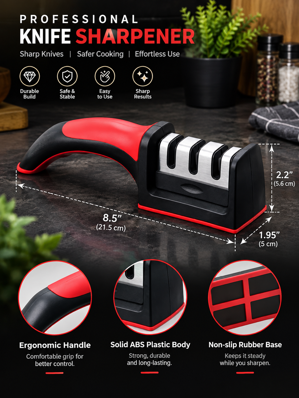 Professional Knife Sharpener – 3 Stage Sharpening | Non-Slip Base | Easy Grip